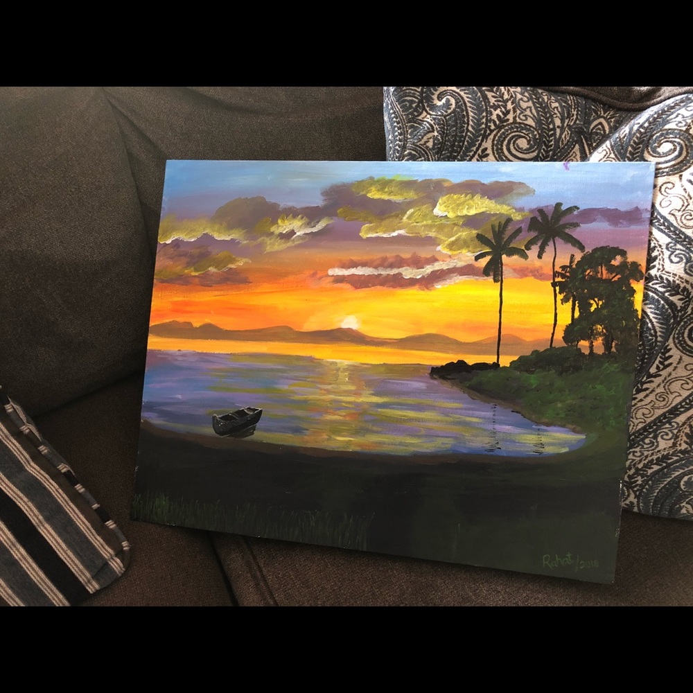 Beautiful sunset on a sea shore in acrylic